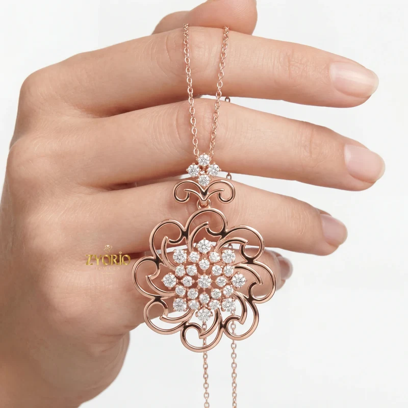 Rose Gold Floral Lab Grown Diamond Pendant Sterling Silver Elegant Sustainable Modern Luxury Women's Jewelry
