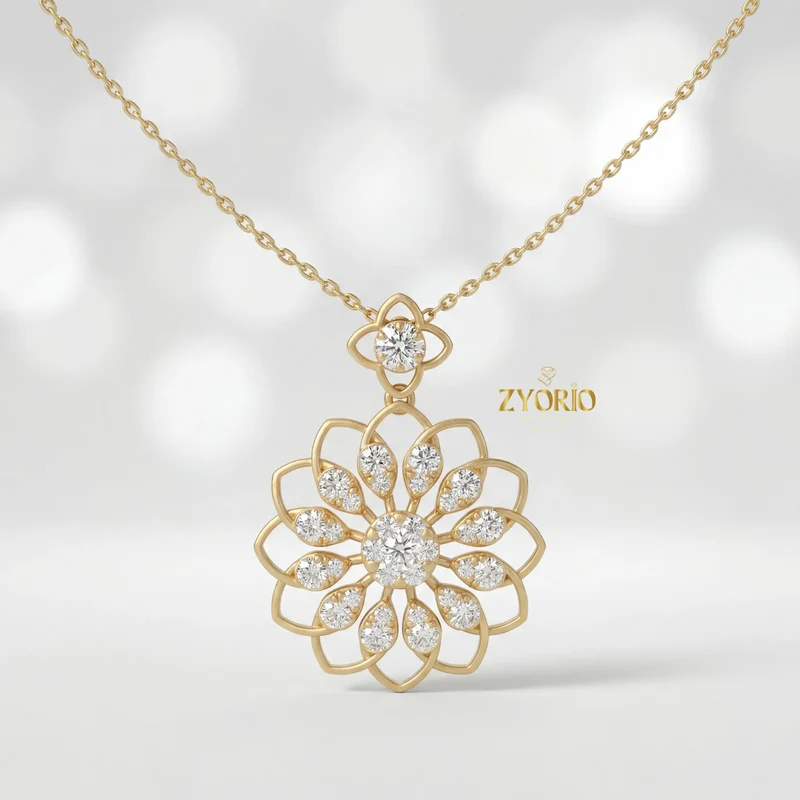 Women's Luxury Gold Floral Bloom Diamond Pendant Sterling Silver Gold Plated Chain Sparkling Wedding Jewelry