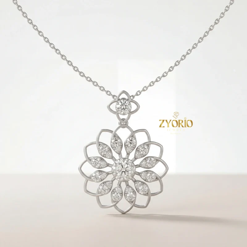 Women's Luxury Gold Floral Bloom Diamond Pendant Sterling Silver Gold Plated Chain Sparkling Wedding Jewelry