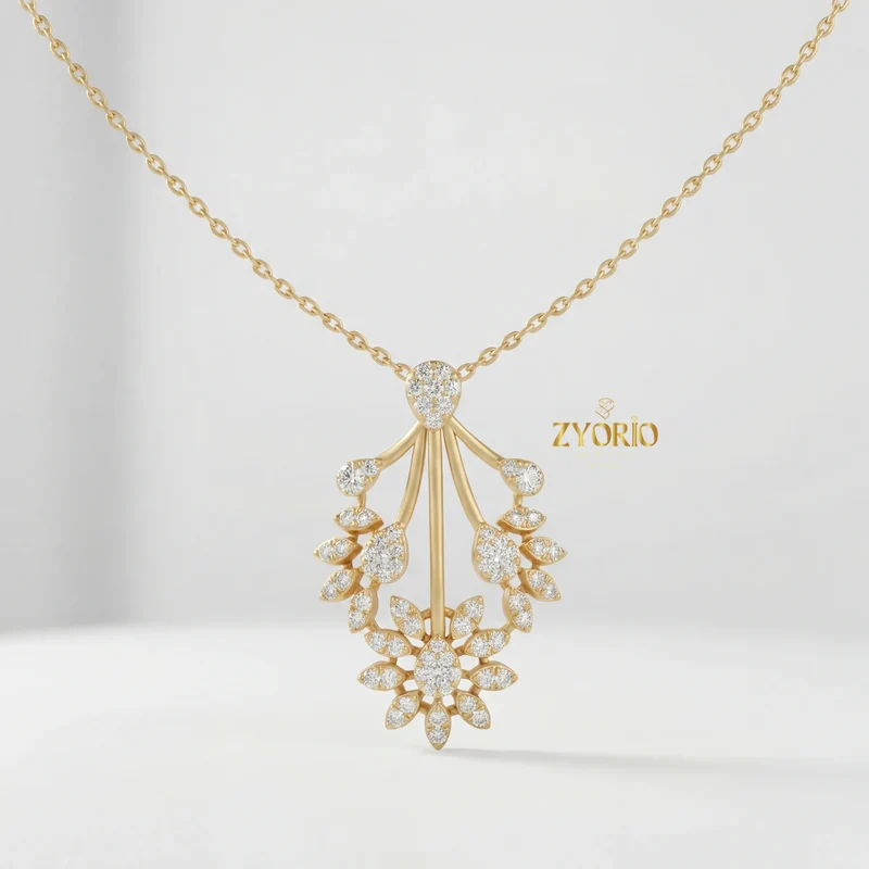 Luxury Floral Burst Lab Grown Diamond Pendant Necklace in 925 Silver Gold | IGI Certified Custom Women Fine Jewelry Supplier