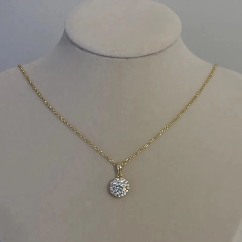 Gold Plated Christian Moissanite Halo Necklace 9MM Charm Diamond Party Jewelry for Women