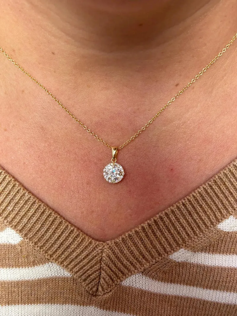Gold Plated Christian Moissanite Halo Necklace 9MM Charm Diamond Party Jewelry for Women