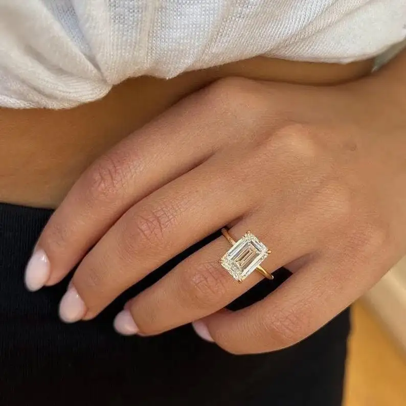 Emerald Cut Lab Grown Diamond Ring 14K Gold 9CT IGI Certified E VS Clarity 4GM Stunning Engagement Wedding & Party Jewelry