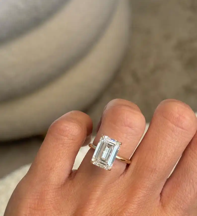 Emerald Cut Lab Grown Diamond Ring 14K Gold 9CT IGI Certified E VS Clarity 4GM Stunning Engagement Wedding & Party Jewelry