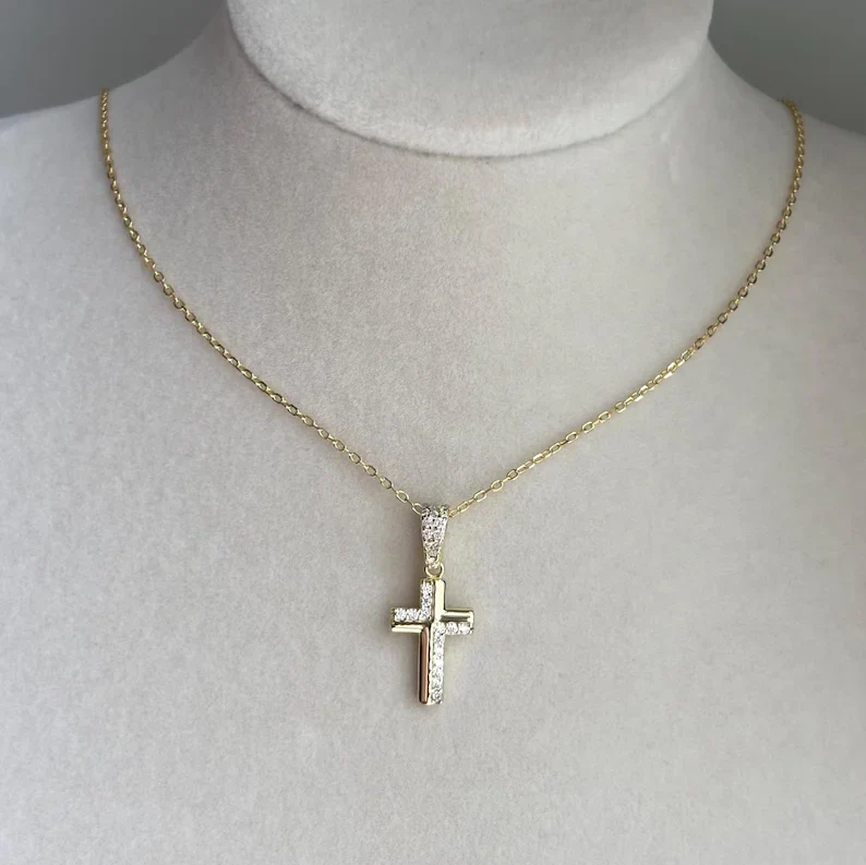 Minimalist 0.12ctw Moissanite Pave Cross Necklace Christian Religious Pendant 14K Gold Plated Cross Charm for Party Occasions