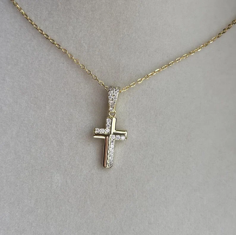 Minimalist 0.12ctw Moissanite Pave Cross Necklace Christian Religious Pendant 14K Gold Plated Cross Charm for Party Occasions