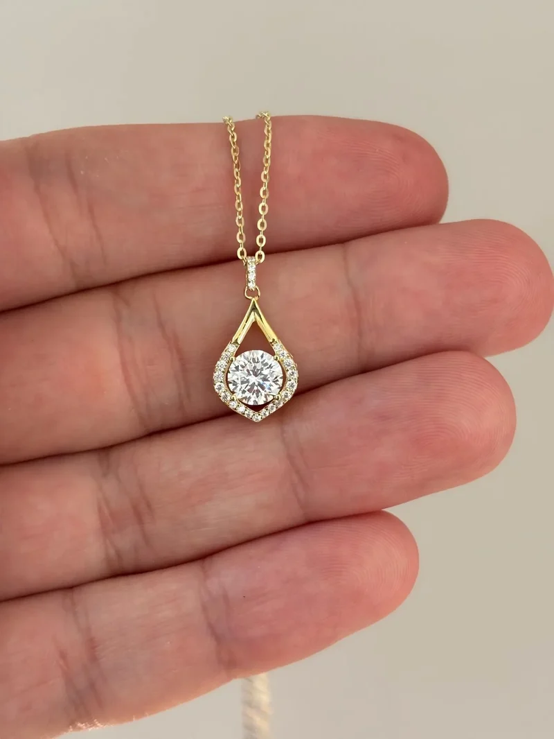 Teardrop Moissanite Halo Christian Party Necklace Silver Plated Sterling Silver Yellow Gold Spring Ring Closure Charms