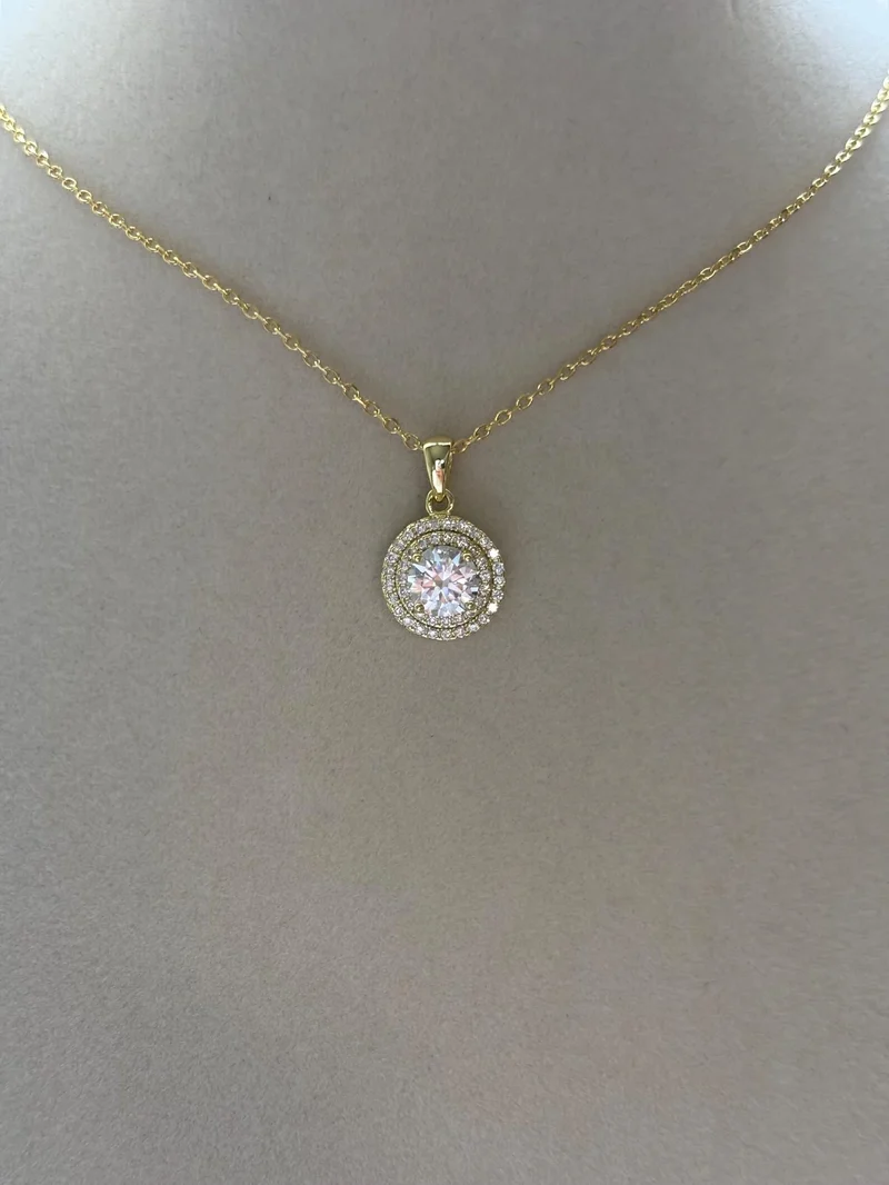 Dainty Christian Moissanite Double Halo Necklace Gold Plated Diamond Alternative Charms Pendant Party Stacking Jewelry