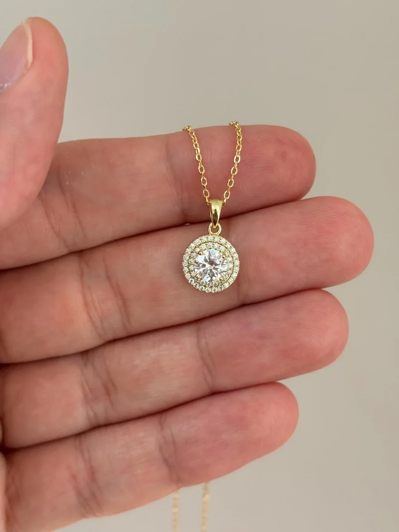 Dainty Christian Moissanite Double Halo Necklace Gold Plated Diamond Alternative Charms Pendant Party Stacking Jewelry