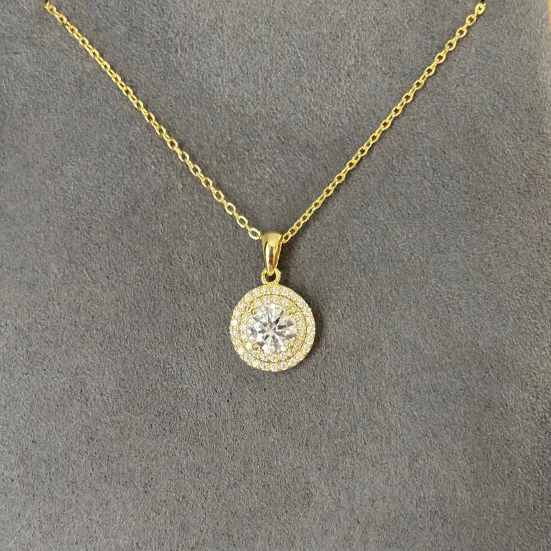 Dainty Christian Moissanite Double Halo Necklace Gold Plated Diamond Alternative Charms Pendant Party Stacking Jewelry