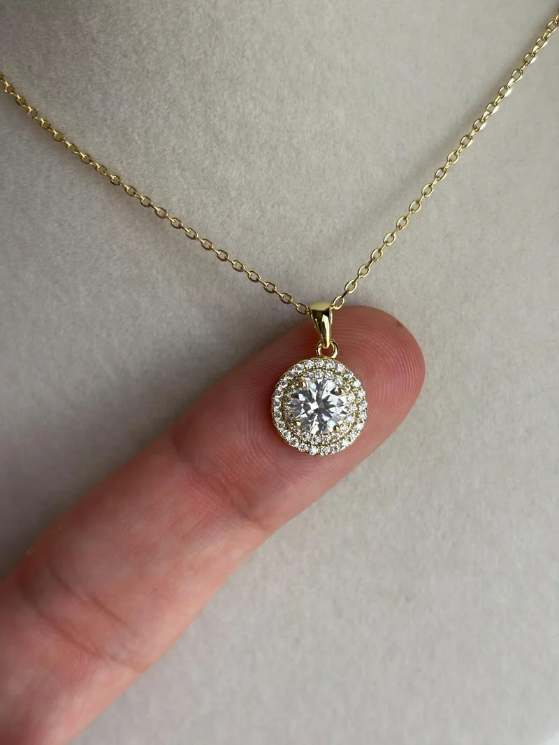 Dainty Christian Moissanite Double Halo Necklace Gold Plated Diamond Alternative Charms Pendant Party Stacking Jewelry