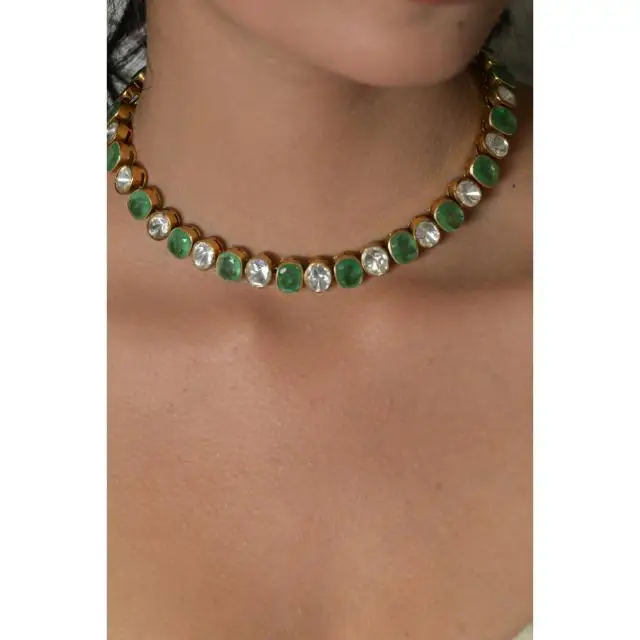 Green Trendy New Fashion Indian Bollywood Traditional Crystal Wedding Choker Brass Necklace Copper Alloy Bridal Jewellery Set
