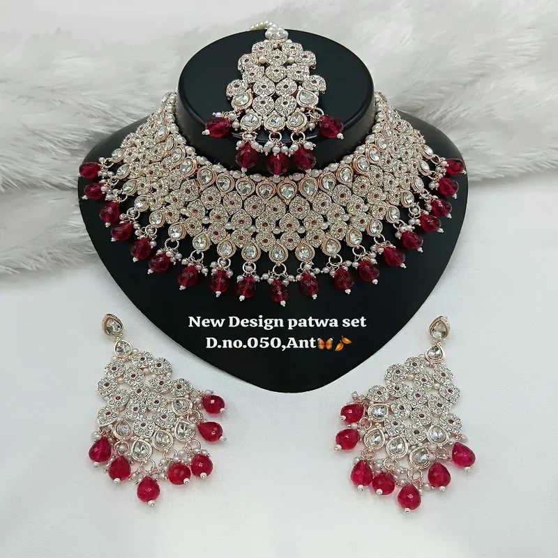 Trending Fancy Collection Gold Plated Kundan & Pearl Rani Color Stone Ethnic Wedding Party Necklace Set for Women Wear Jewelry