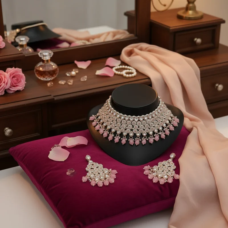 Quality Assured Trending Fancy Collection Gold Plated Kundan & Pearl with Pink Stone Necklace Set For Women Wear Jewelry