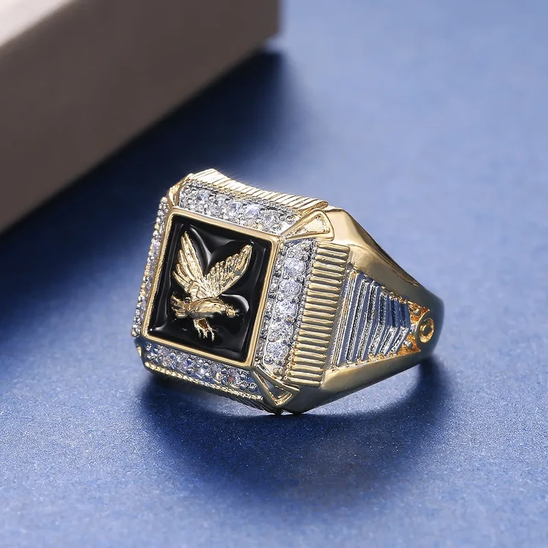 H104 Men's 22k Gold Plated Diamond Ring With Eagle Design Black Inlay Everyday Wear Jewelry