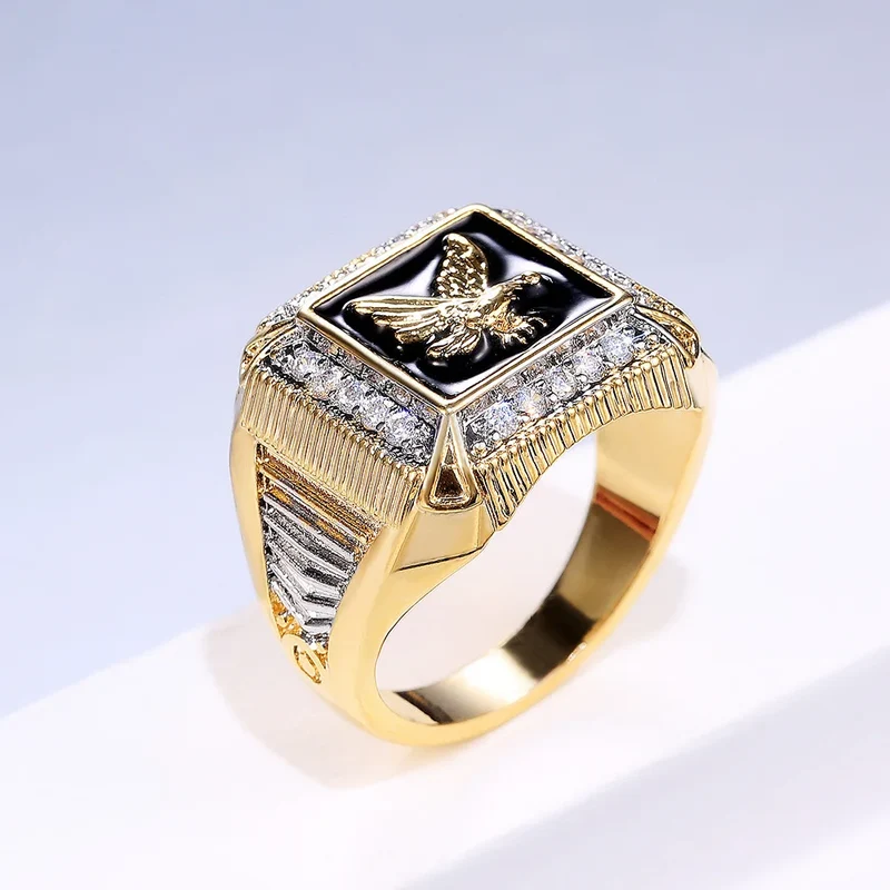 H104 Men's 22k Gold Plated Diamond Ring With Eagle Design Black Inlay Everyday Wear Jewelry