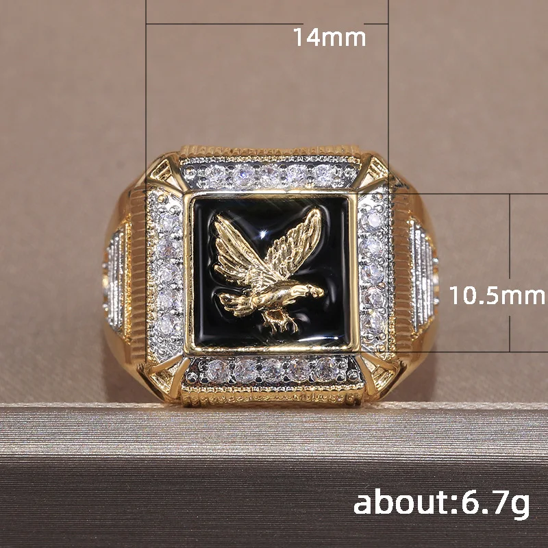 H104 Men's 22k Gold Plated Diamond Ring With Eagle Design Black Inlay Everyday Wear Jewelry