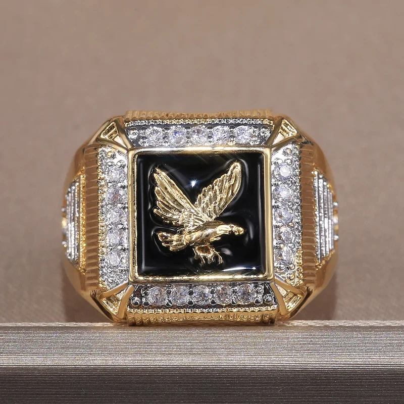 H104 Men's 22k Gold Plated Diamond Ring With Eagle Design Black Inlay Everyday Wear Jewelry