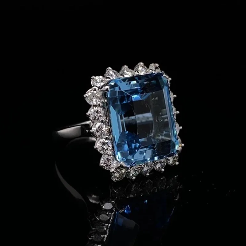 Women's Party Cocktail Ring Gemstones Natural Aquamarine Emerald Cut Pave Setting Glam Fashion Geometric Design