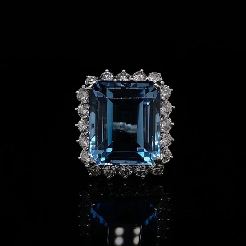 Women's Party Cocktail Ring Gemstones Natural Aquamarine Emerald Cut Pave Setting Glam Fashion Geometric Design