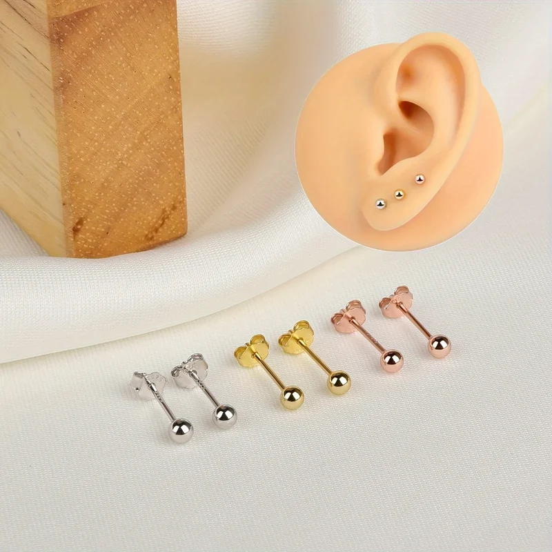 Lanshang Fine Stud Earrings 925 Sterling Silver Gold Plated Jewelry for Women Men Tiny Ball Earrings