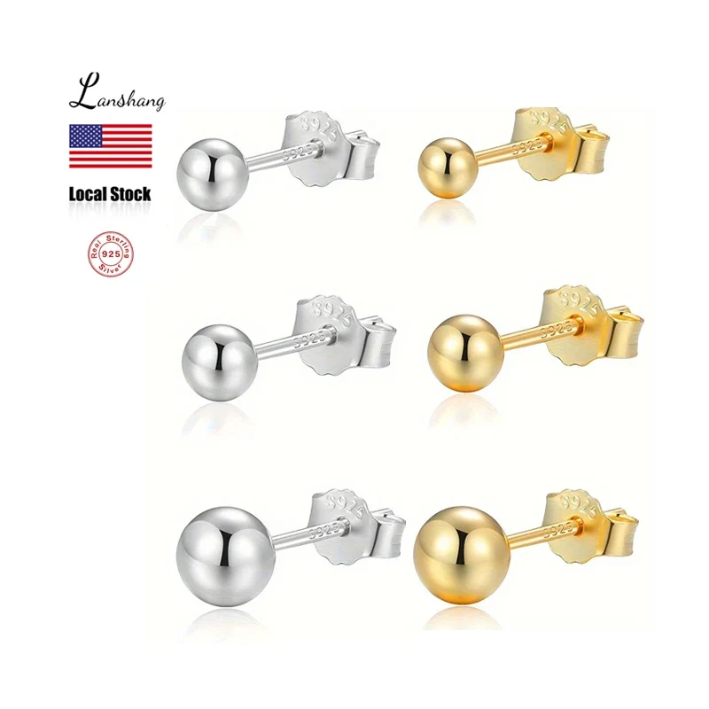 Lanshang Fine Stud Earrings 925 Sterling Silver Gold Plated Jewelry for Women Men Tiny Ball Earrings