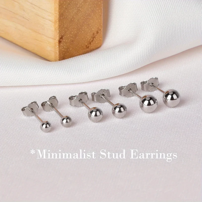 Lanshang Fine Stud Earrings 925 Sterling Silver Gold Plated Jewelry for Women Men Tiny Ball Earrings