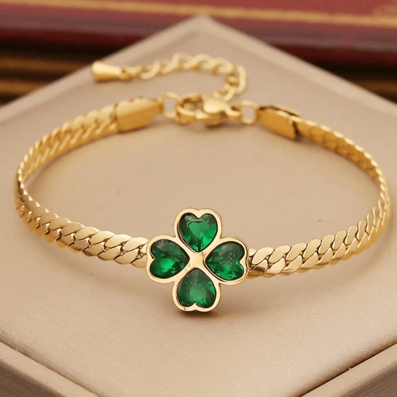 Green 1set Heart Cubic & Flower Shaped Stainless Steel Jewelry Set for Women, 3pcs Including Necklace, Bracelet and Earrings