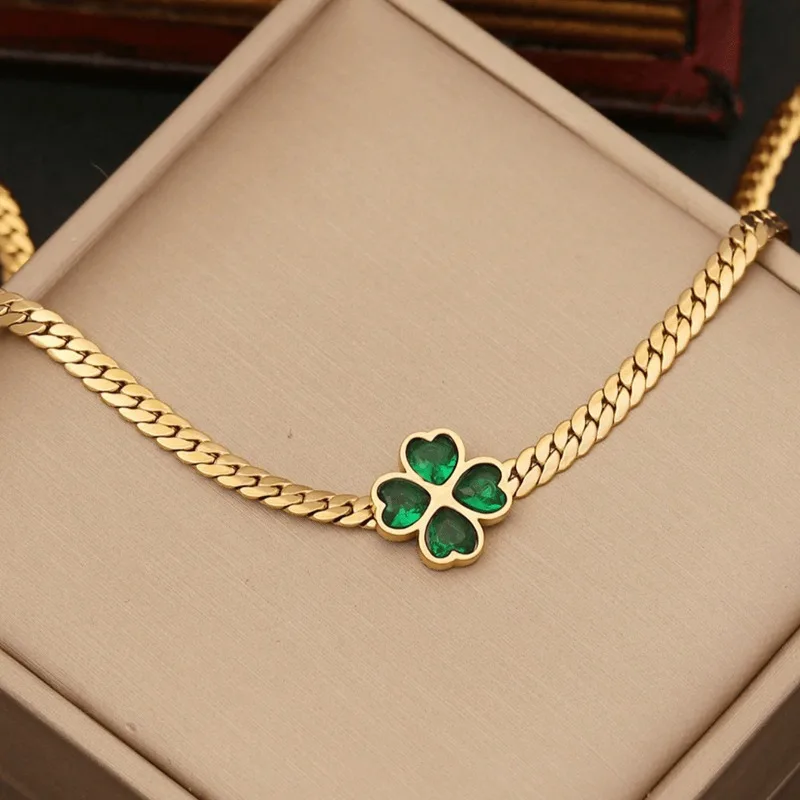 Green 1set Heart Cubic & Flower Shaped Stainless Steel Jewelry Set for Women, 3pcs Including Necklace, Bracelet and Earrings