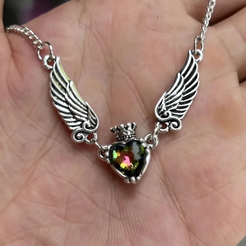 Minimalist Crown & Wing Pendant Sweater Necklace - Unisex Luxury Design With Heart Detail Artificial Crystal