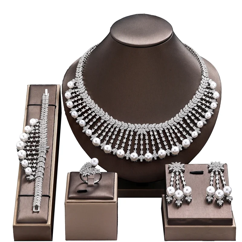 Hotsale Bridal Jewelry Sets New Fashion Dubai White Pearl Necklace Sets for Women Wedding Party Accessories