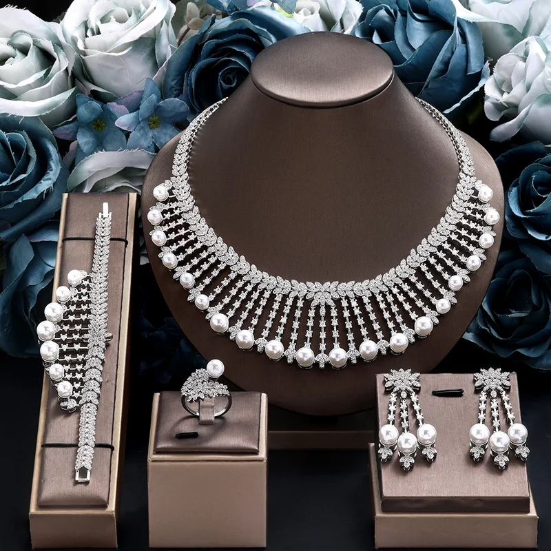 Hotsale Bridal Jewelry Sets New Fashion Dubai White Pearl Necklace Sets for Women Wedding Party Accessories