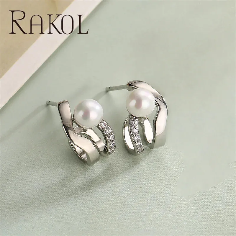 Rakol EP5587 Pretty Daily Pearl Earrings Metallic 18k Gold Plated Small Cute Stud Earrings for Girls