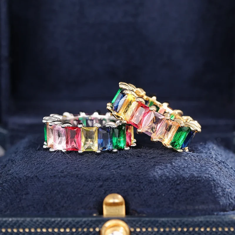 T0444 Geometric Gemstone Ring Cubic Zirconia Emerald Cut Prong Setting Unisex Party Fashion Rings