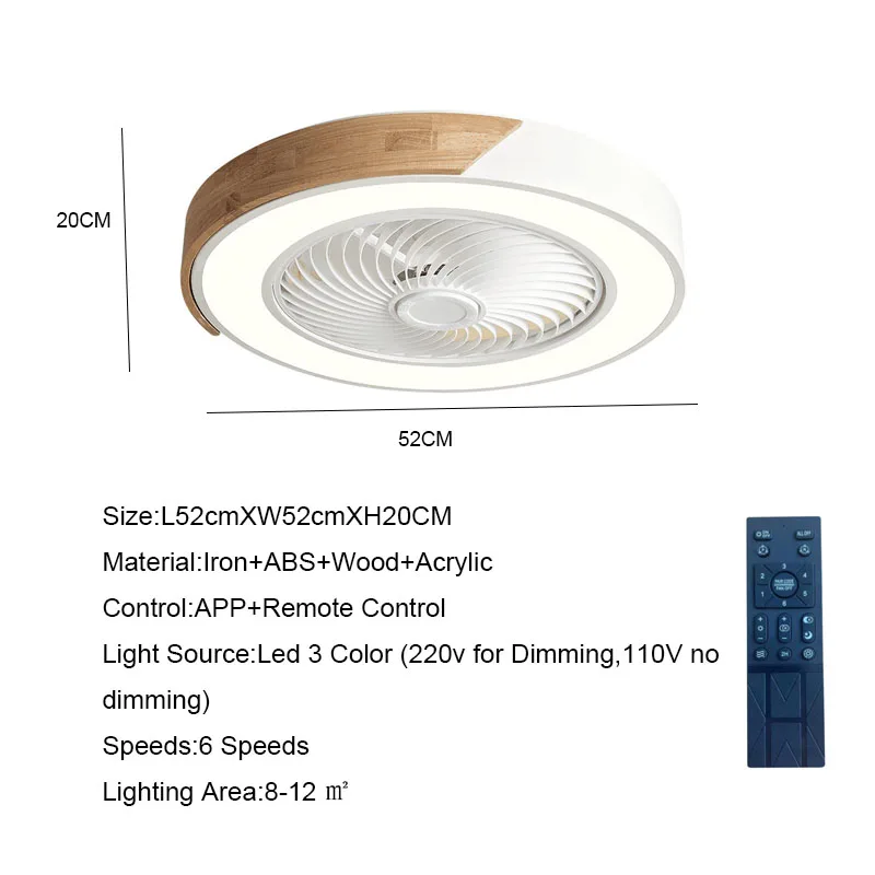 52CM Ceiling Fan Light Lamp 220V APP +Remote Control Fans Bedroom Dining Room Wood Ceiling Fan With Lights DC Green Ceiling Fan