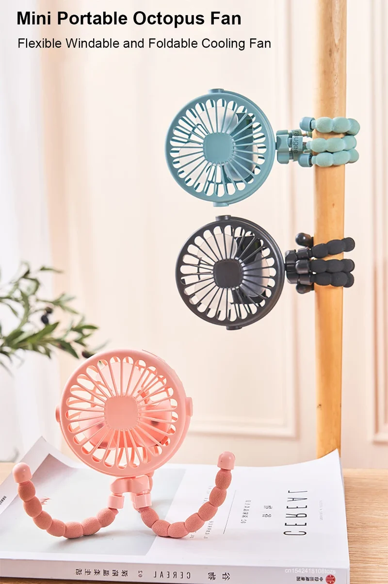 Portable Clip Fan Mini Stroller Fan USB Rechargeable Baby Stroller Octopus Fan 360° Rotate Outdoor Tripod Fan Small Clip Fan