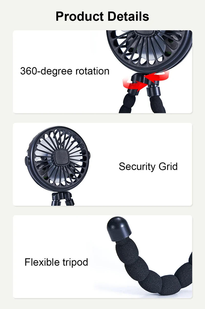 Portable Clip Fan Mini Stroller Fan USB Rechargeable Baby Stroller Octopus Fan 360° Rotate Outdoor Tripod Fan Small Clip Fan