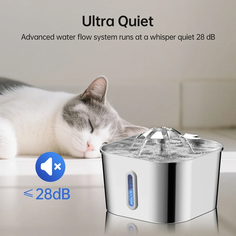 2.2L/74OZ Automatic Cat Fountain Stainless Steel Pet Water Dispenser Silent Water Pump Circulation Filtering Visual Window