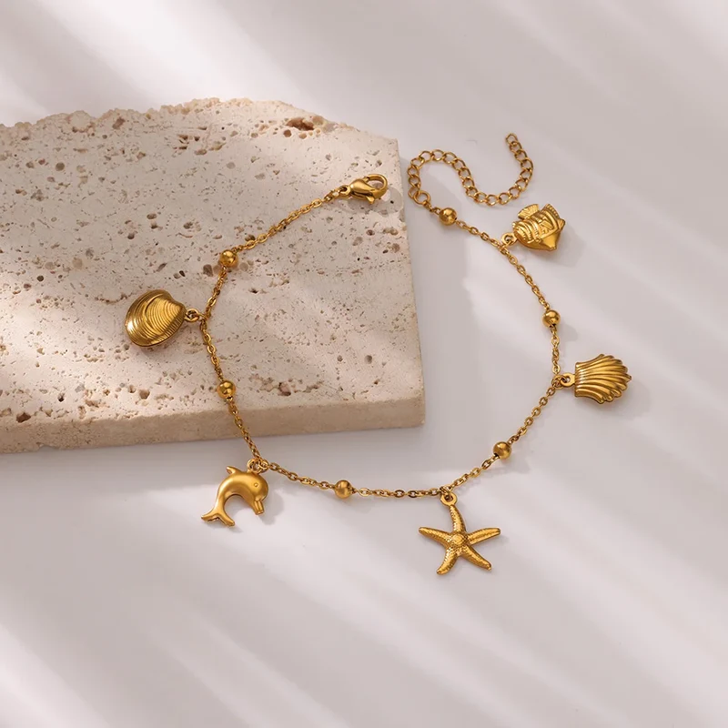 316L Stainless Steel Starfish Shell Charms Anklet For Women Fashion Gold Color Chain Summer Beach Aesthetic Jewelry Accessories