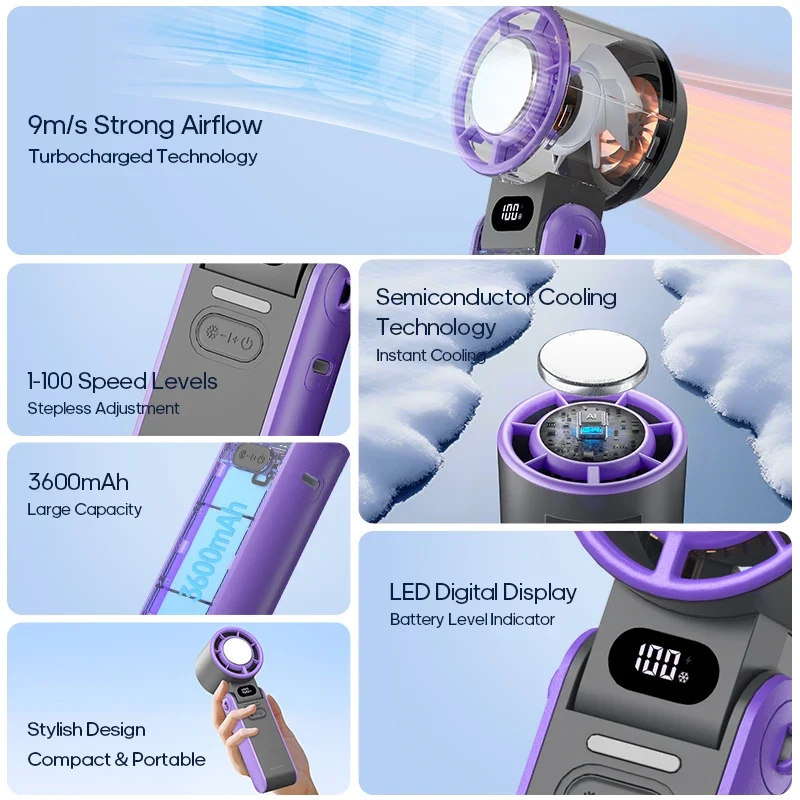 New Foldable Air Cooling Rechargeable Fan 3600mAh Portable Mini Handheld Fan 100-Speed Stepless Turbo Wind for Outdoor Travel