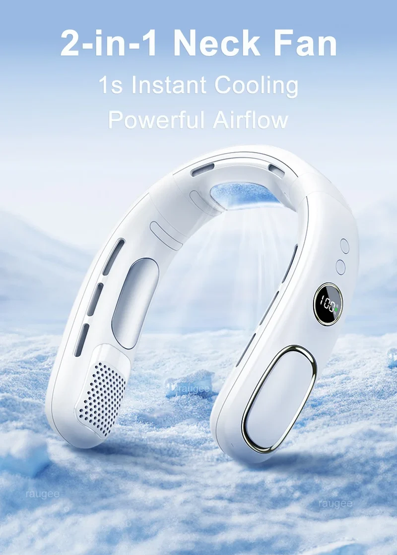 Portable Neck Fan Mini Neck Cooler Bladeless Hanging Neck Fan 4000mAh USB Rechargeable Ice Cooling fan with LED Digital Display