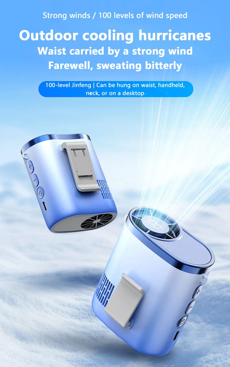 Lenovo Portable Waist Fan 100-Speed Strong Wind Rechargeable Neck Fan Quiet Long Battery Life Clip-on Fan for Outdoor Hiking