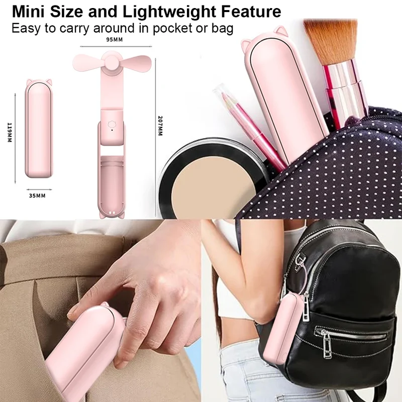 Portable Fan Mini Handheld Fan 2000mAh USB Rechargeable with Handy Power Bank Small Hand Held Foldable Pocket Fan for Travel