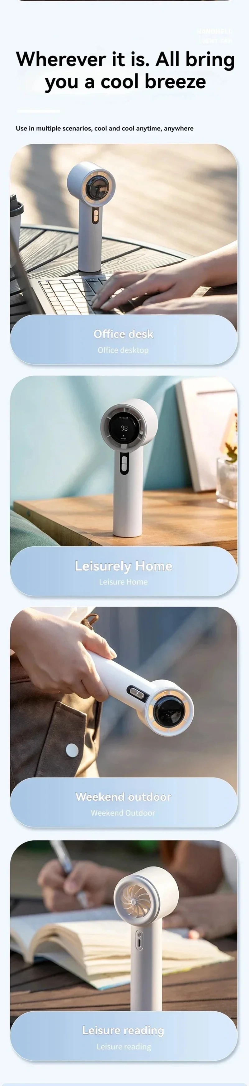 Lenovo Ultra Quiet 100 Speed Handheld Fan USB Rechargeable Portable Mini Turbo Fan for Office and Travel with LED Indicator