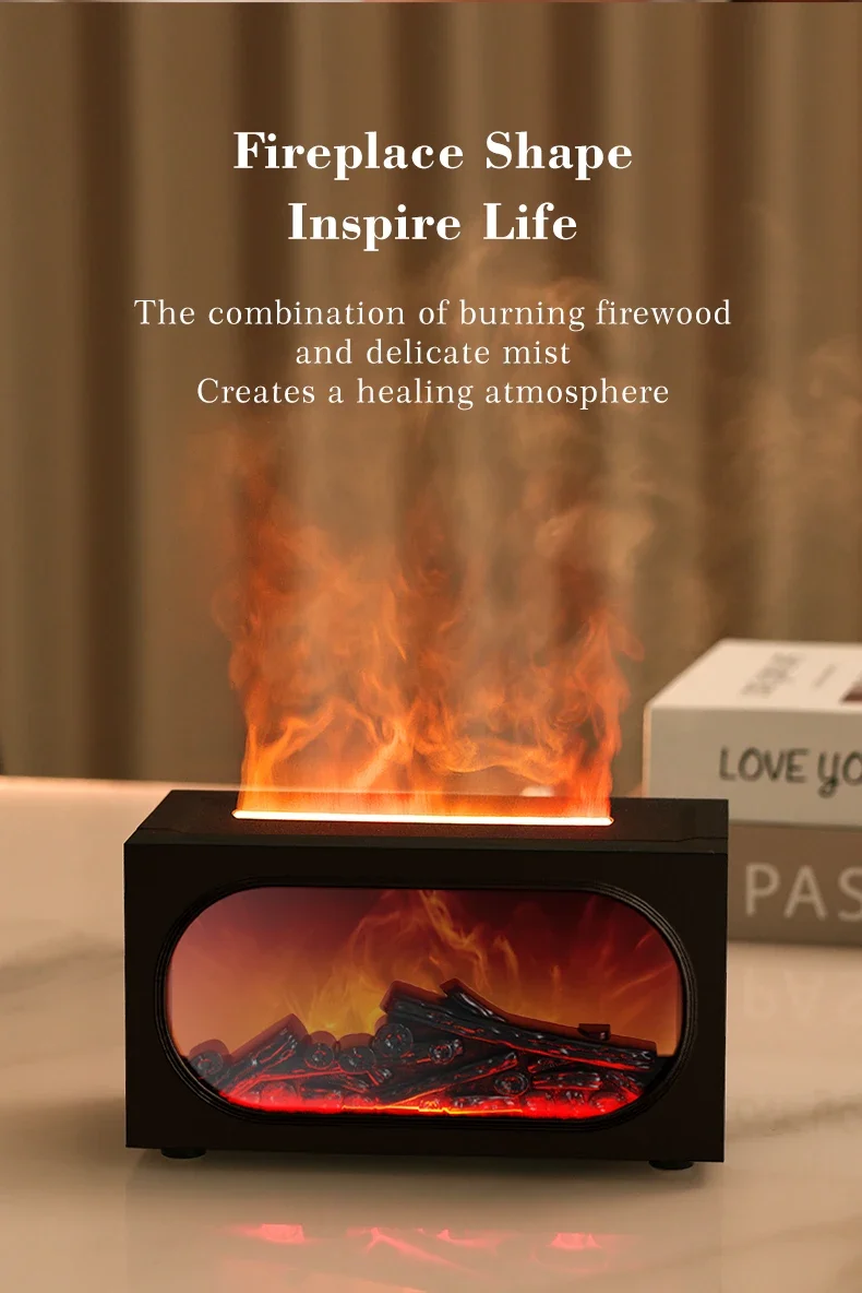 250ml Flame Fireplace Aroma Humidifier Colorful Light Aromatherapy Essential Oil Diffuser with Timed Auto Off for Home Bedroom