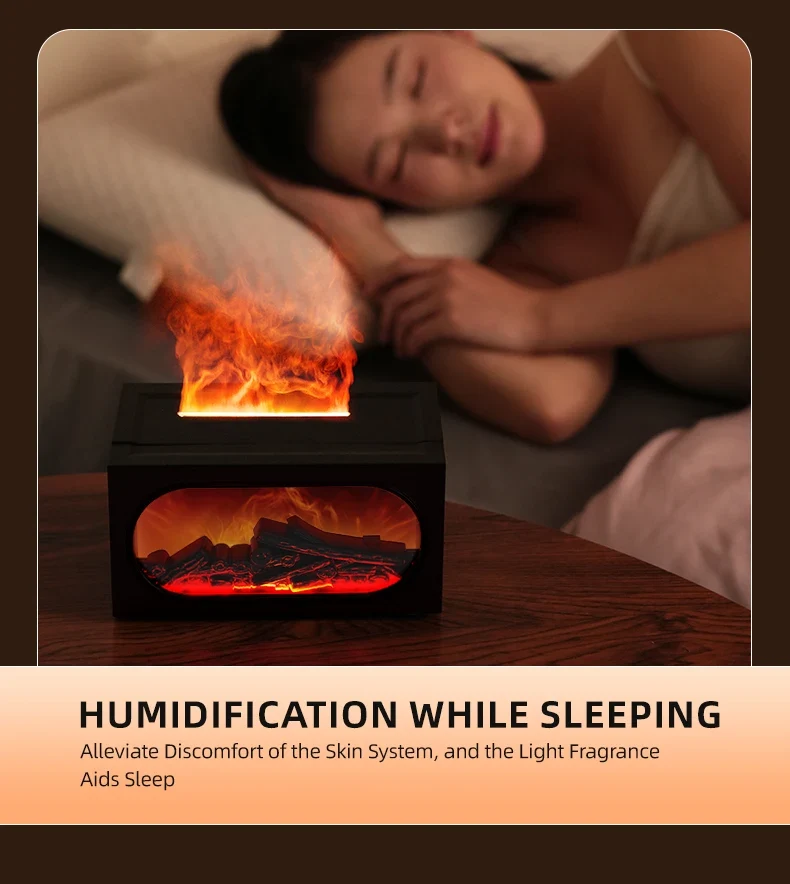 250ml Flame Fireplace Aroma Humidifier Colorful Light Aromatherapy Essential Oil Diffuser with Timed Auto Off for Home Bedroom
