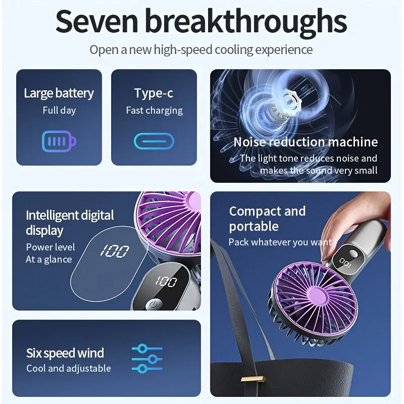 Portable USB Fan 6 Speed Digital Display Foldable 3-in-1 Handheld Neck Desk Fan for Outdoor Travel Home Office Cooling