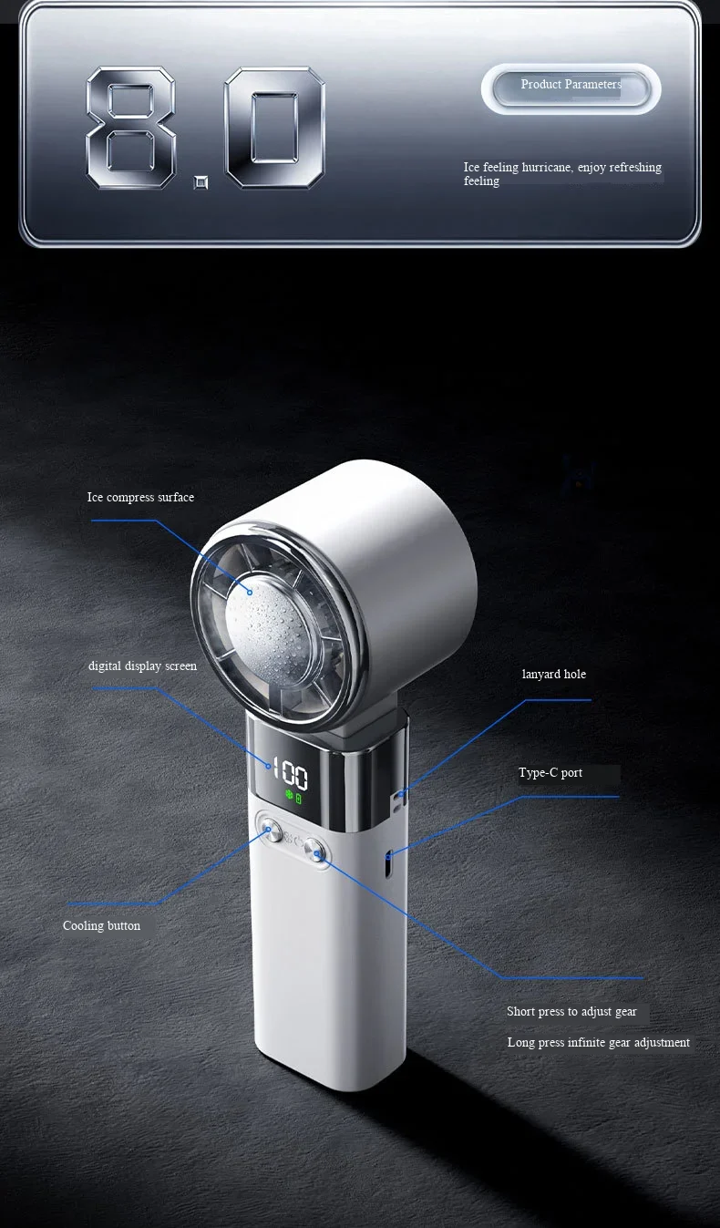 Handheld Fan with Semiconductor Cooling, Ice Compress, Ultra-Long Battery Life, Foldable Tabletop, Digital Display, Mini Fan