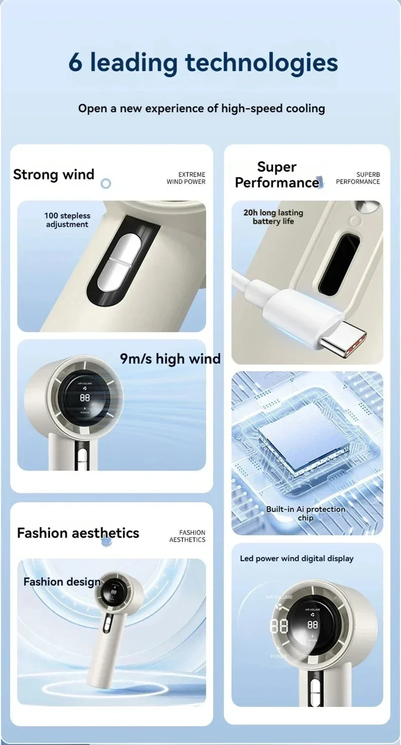 Lenovo Ultra Quiet 100 Speed Handheld Fan USB Rechargeable Portable Mini Turbo Fan for Office Outdoor Travel with LEDIndicator