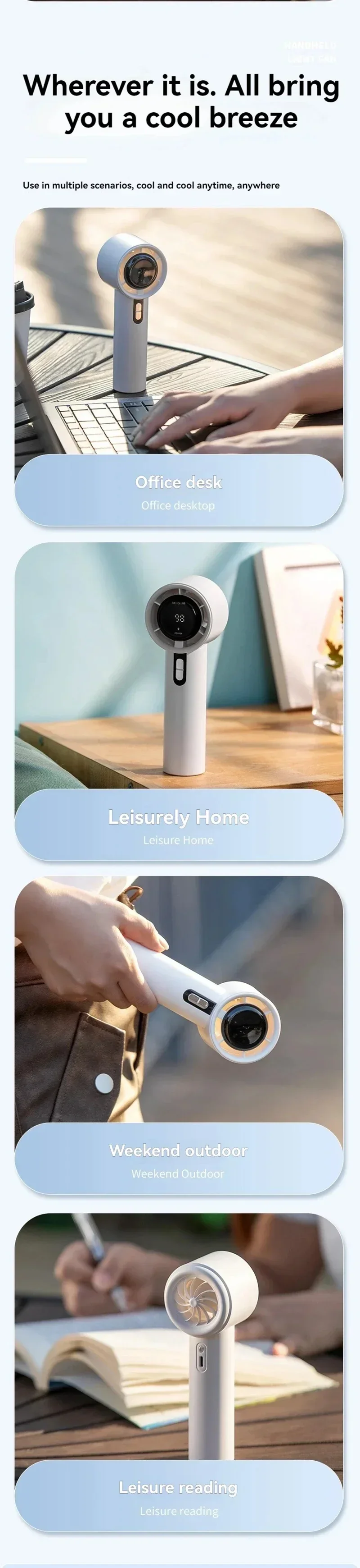 Lenovo Ultra Quiet 100 Speed Handheld Fan USB Rechargeable Portable Mini Turbo Fan for Office Outdoor Travel with LEDIndicator